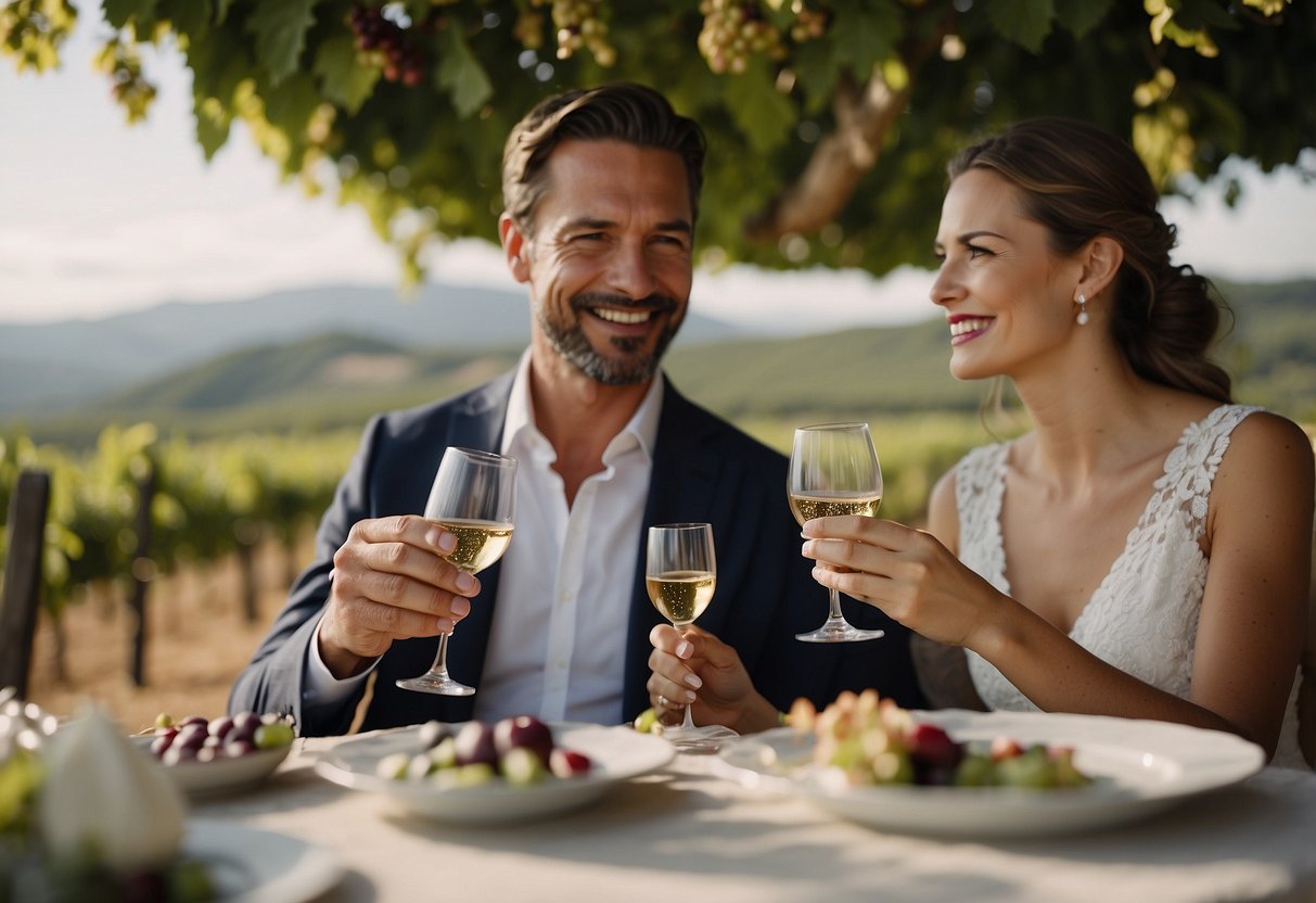 A couple enjoys a private wine tasting tour, surrounded by vineyards and elegant wine glasses, as they celebrate their wedding anniversary