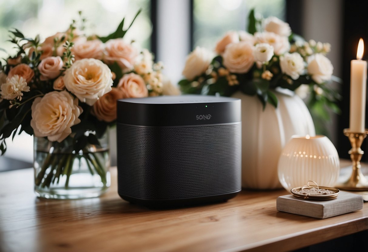 A Sonos One Smart Speaker sits on a beautifully decorated wedding gift table, surrounded by elegant wrapping and floral arrangements