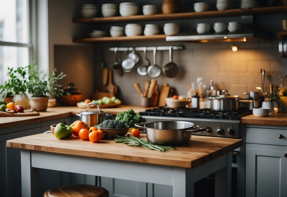 A cozy kitchen with a table set for two, featuring pots, pans, and fresh ingredients ready for a cooking class