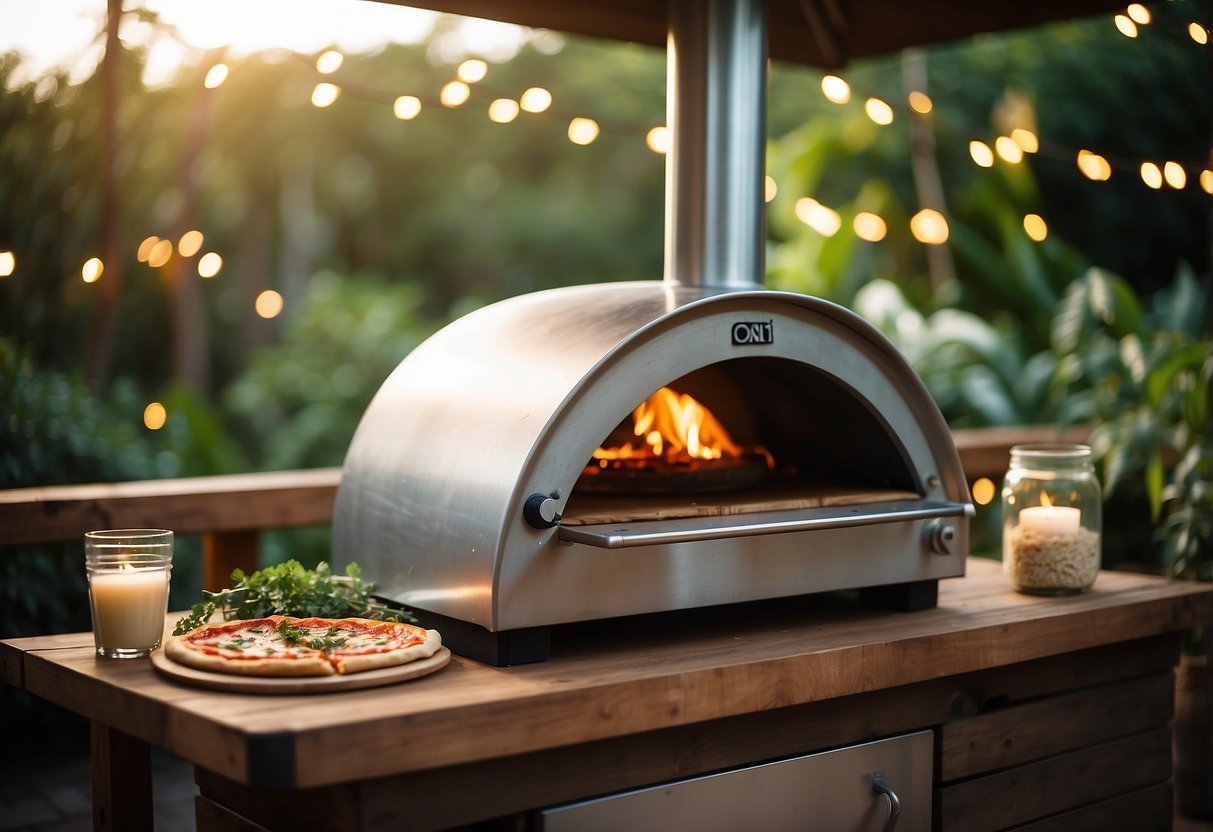 The Ooni Koda Outdoor Pizza Oven sits on a patio, surrounded by lush greenery and twinkling string lights, ready to create delicious pizzas for a romantic wedding celebration