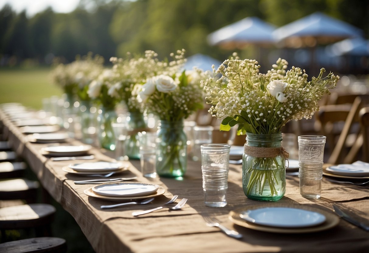 A rustic outdoor wedding with simple burlap and lace table runners, mason jar centerpieces, and wildflower bouquets in recycled glass vases