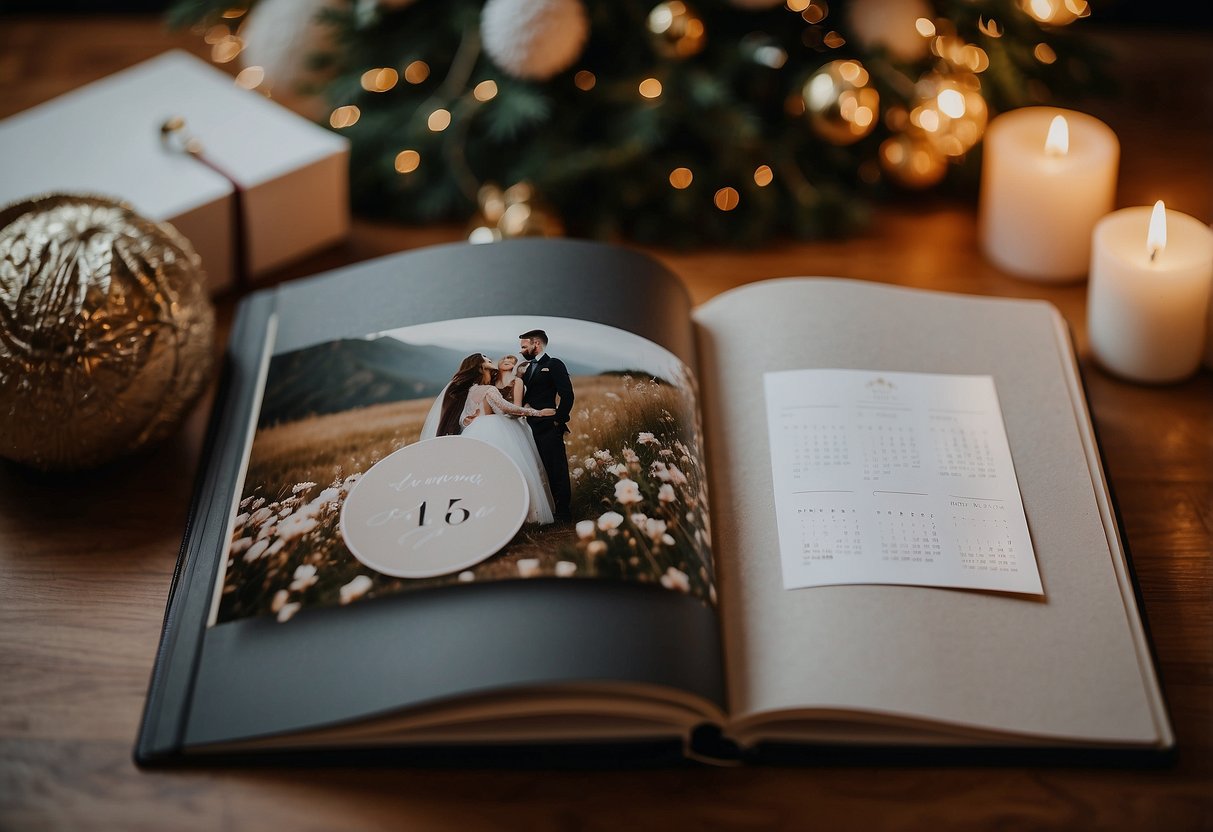 A couple's personalized photo book sits open on a table, displaying cherished memories from their wedding day. A calendar with the anniversary date circled is nearby, surrounded by romantic decorations