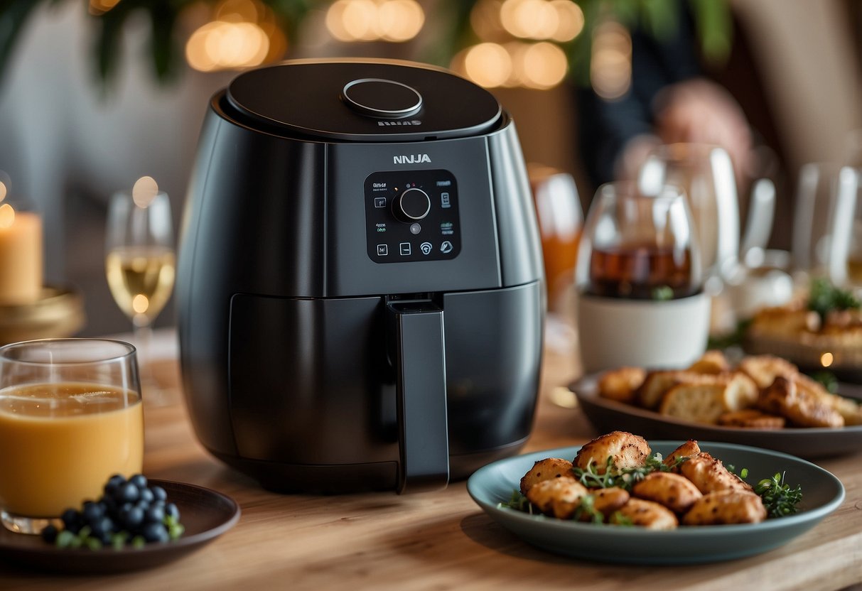 A Ninja Foodi Air Fryer sits on a gift table at a wedding, surrounded by other presents. Its sleek design and modern features make it a standout choice for the newlyweds