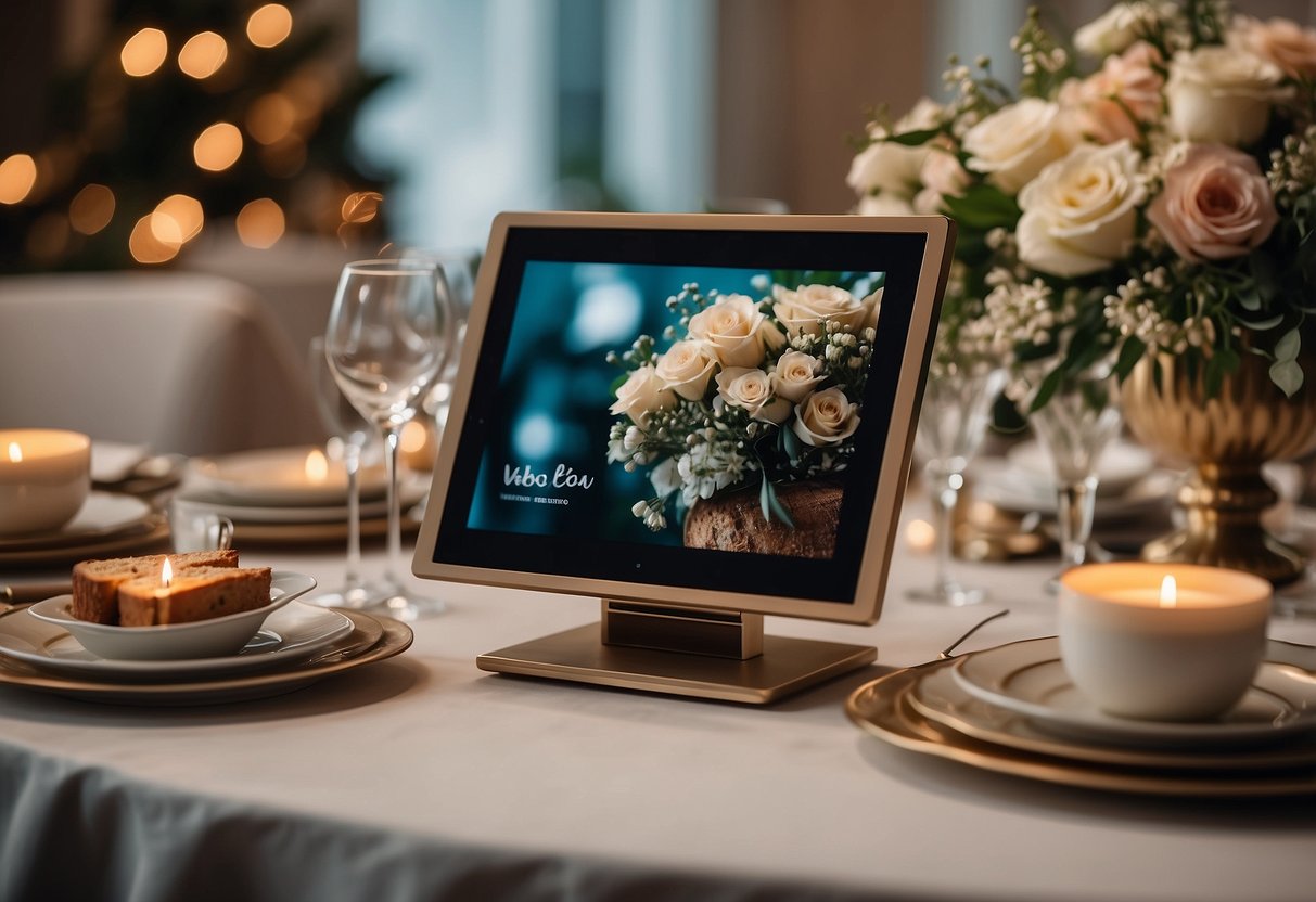 A beautifully decorated wedding table with an Echo Show 8 displaying best gift ideas