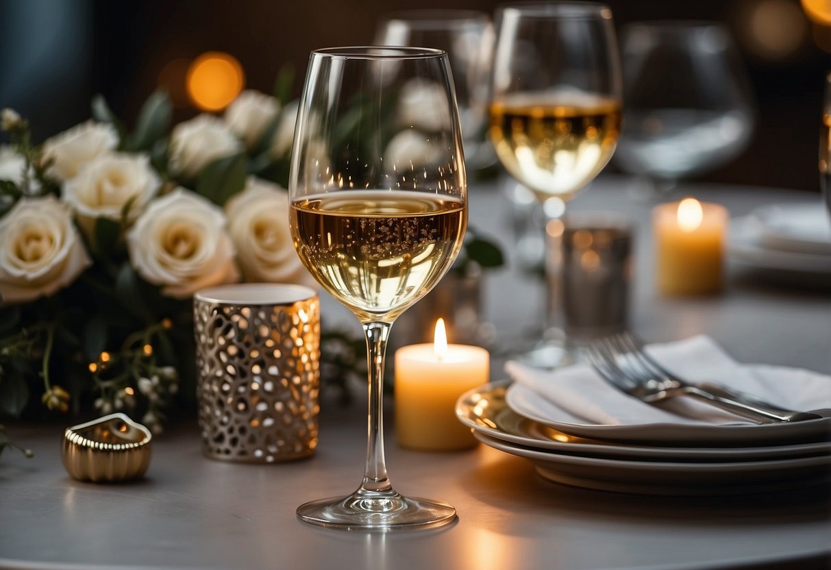 A table set with elegant Riedel Vinum wine glasses, surrounded by wedding gift boxes and floral decorations