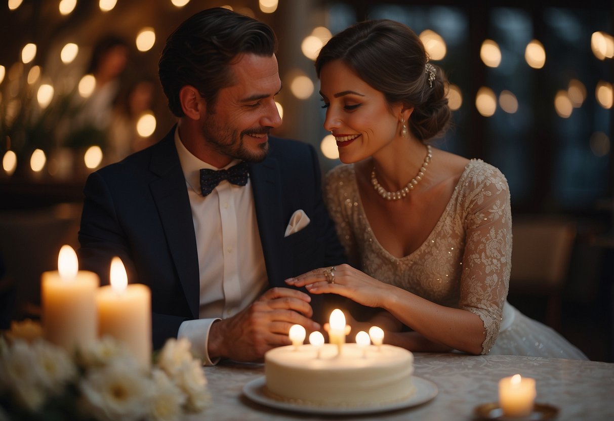 A couple sits at a candlelit table, surrounded by vintage decorations and soft music. A custom-made anniversary cake takes center stage, adorned with intricate designs and the couple's initials