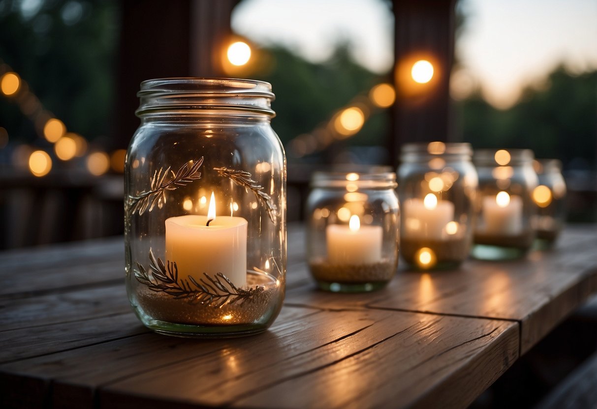 Mason jar candle holders arranged on rustic wooden tables with soft candlelight illuminating a cozy outdoor wedding reception