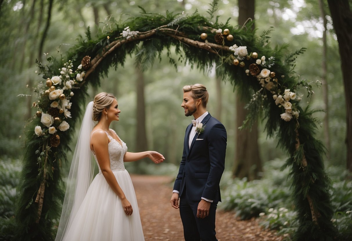 A woodland-themed wedding with camouflage accents, rustic decor, and earthy colors. A bride and groom standing under a canopy of trees, surrounded by nature