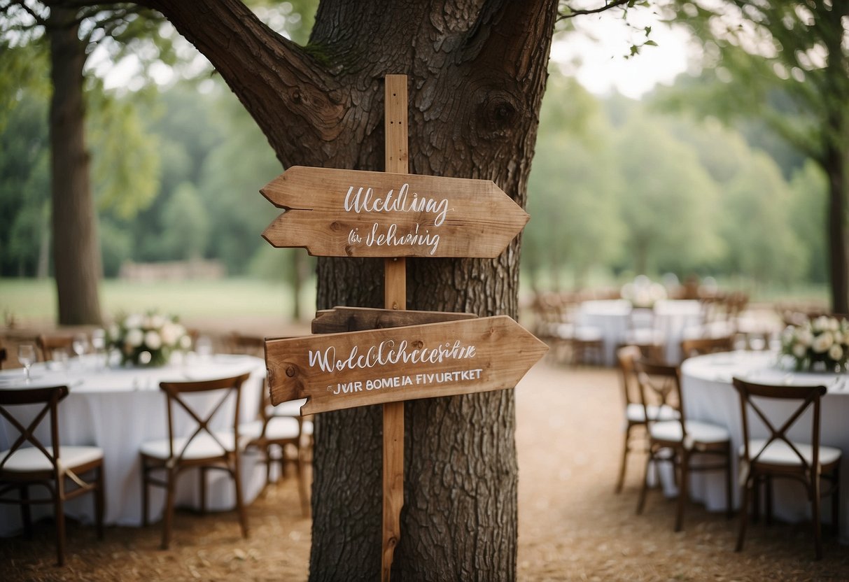 A rustic wooden sign hangs from a tree, directing guests to the wedding ceremony. Other signs with charming quotes and directions are scattered throughout the outdoor venue, adding a touch of rustic elegance to the budget-friendly decorations