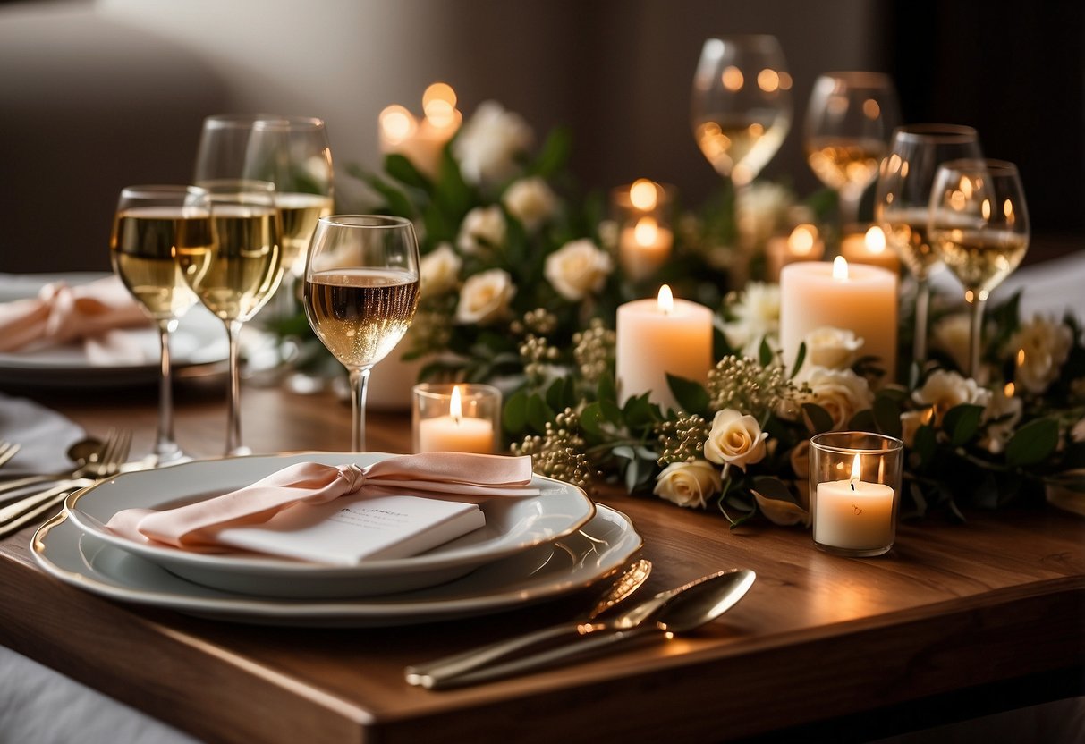 A table adorned with personalized photo frames, elegant champagne flutes, and a beautifully wrapped gift box. Floral centerpieces and soft candlelight create a warm, romantic ambiance