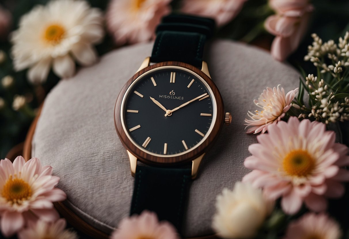 A wooden watch with personalized engraving sits on a velvet cushion, surrounded by delicate flowers and elegant calligraphy