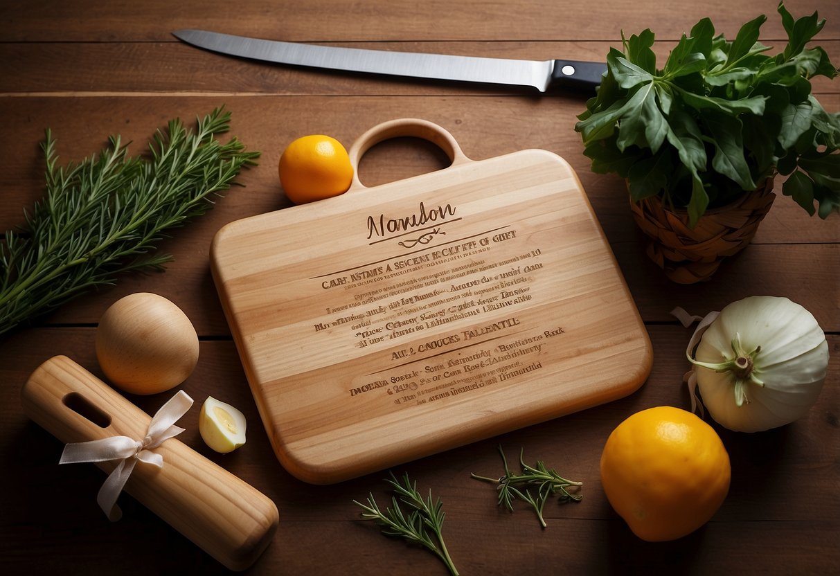 A cutting board with a handwritten recipe engraved on it, surrounded by kitchen utensils and a ribbon, makes a thoughtful wedding gift