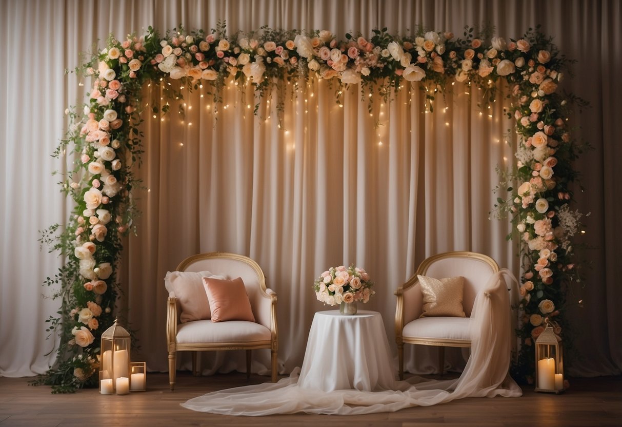 A vintage frame adorned with flowers and ribbons, surrounded by twinkling lights and draped fabric, serves as a charming photo booth at a budget-friendly wedding