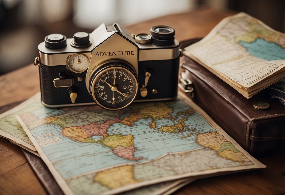 A colorful scrapbook filled with maps, tickets, and photos from adventurous destinations. A compass and a vintage camera lay on top, with a handwritten note that says "Let the adventure begin."