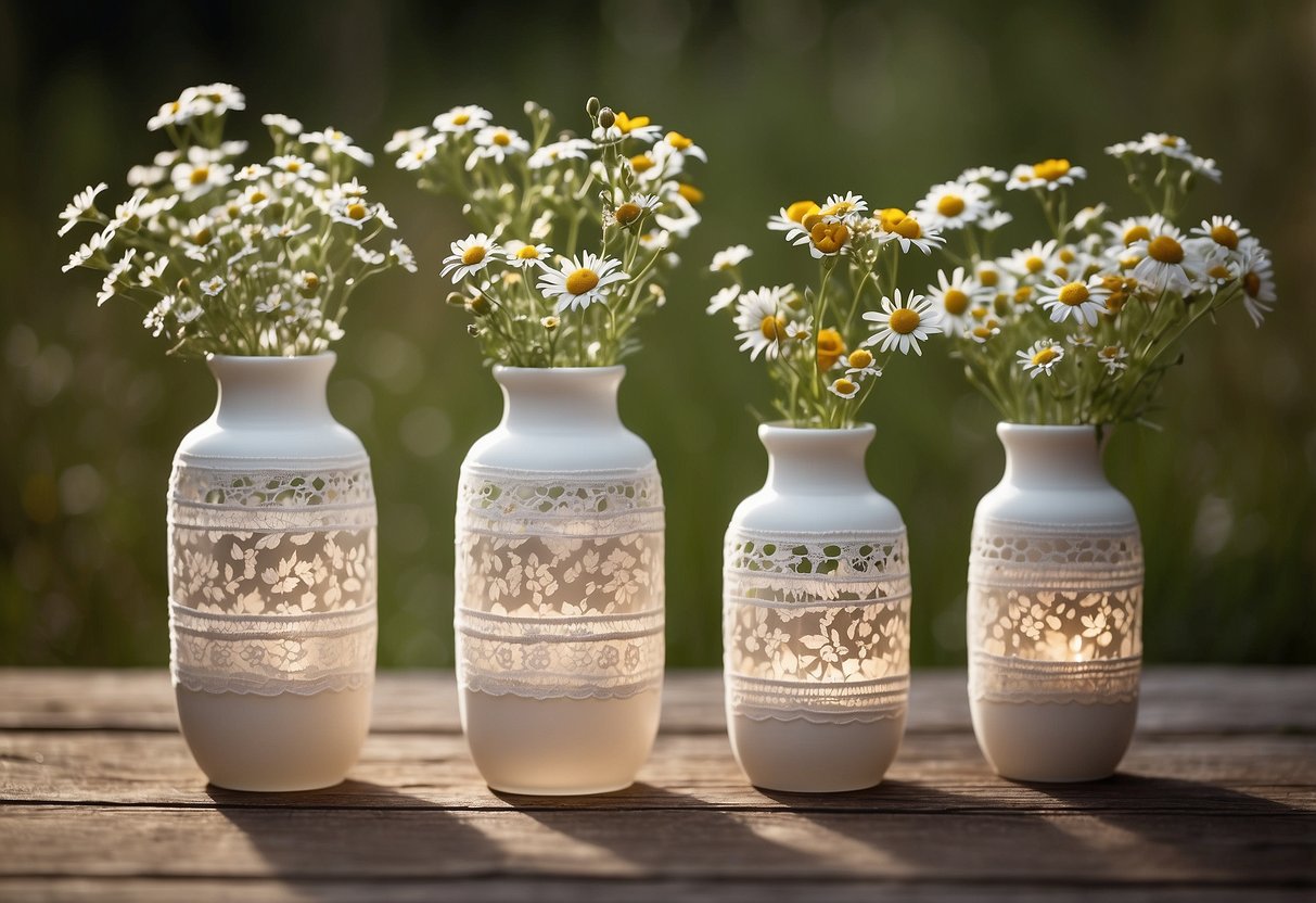 Three lace-wrapped vases with wildflowers, set on a rustic wooden table. Soft candlelight illuminates the delicate lace patterns