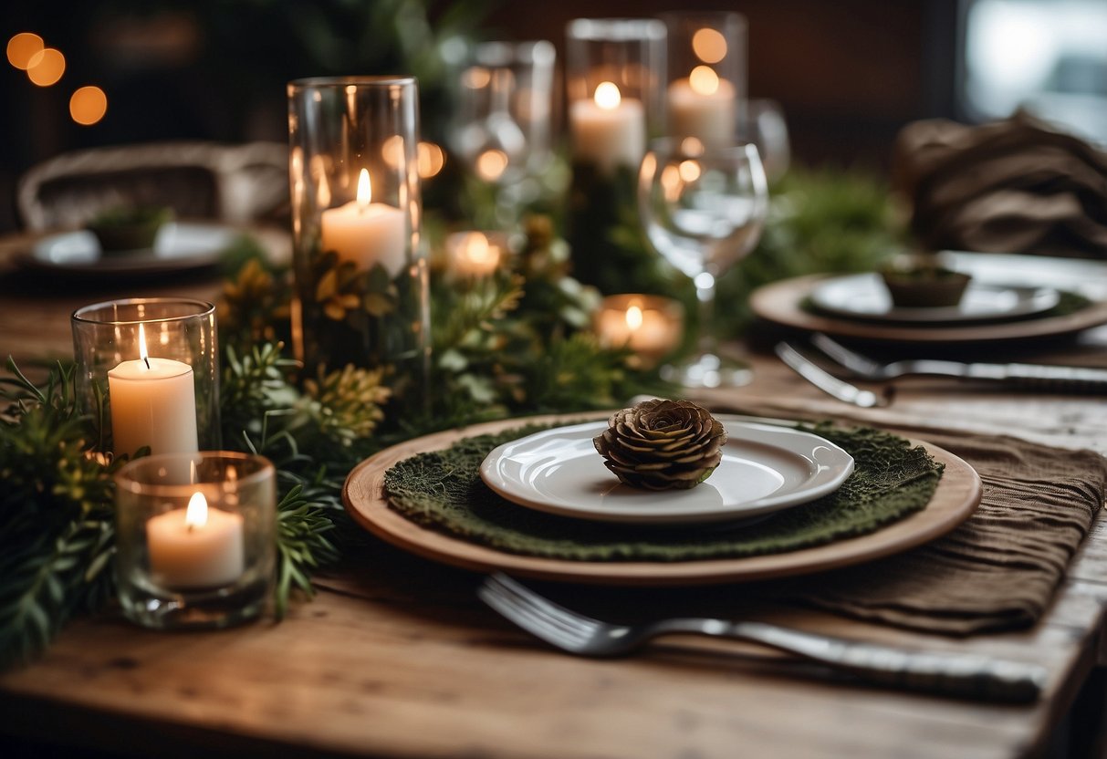 A rustic table setting with camo-themed decor for a wedding