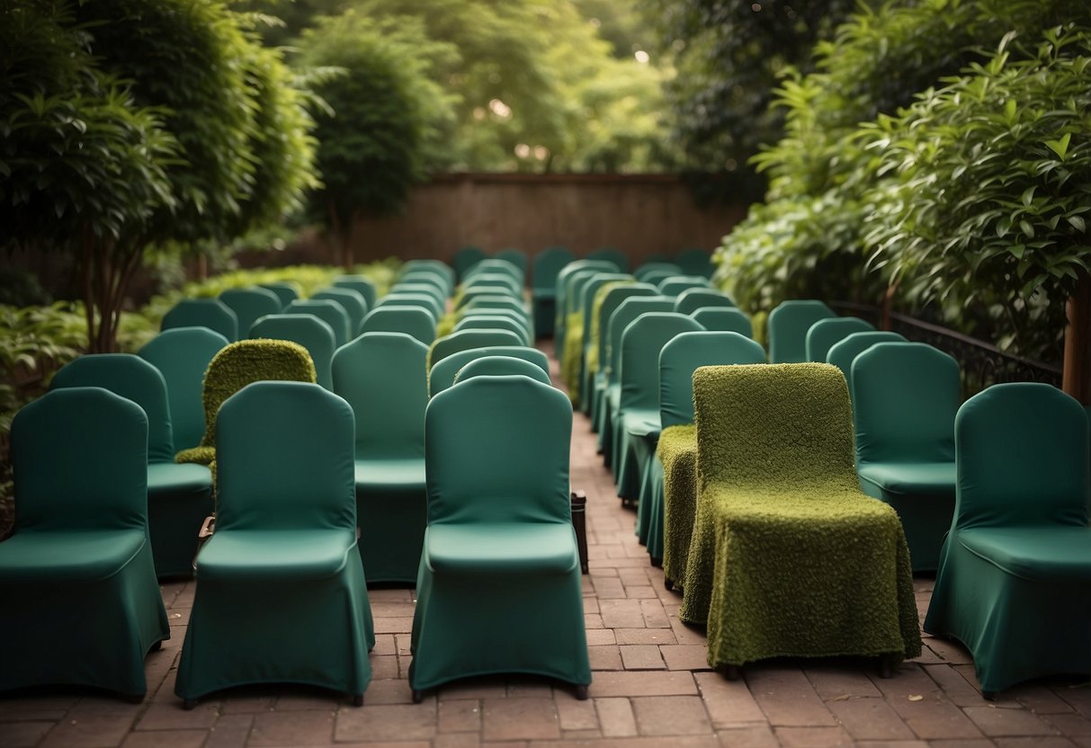 A set of chair covers in various shades of green and brown, blending in with the surrounding foliage