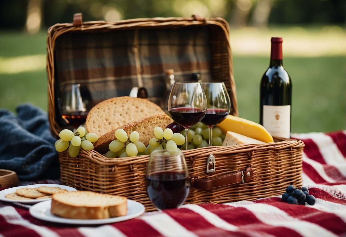 A monogrammed picnic basket sits on a checkered blanket, surrounded by wine glasses, a bottle of wine, and gourmet snacks