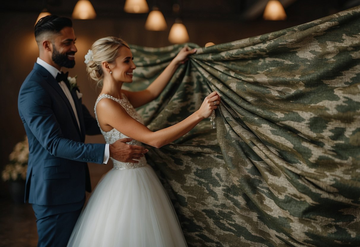 A groom holds up different camo fabric swatches, while a bride looks on, considering options for their camo-themed wedding decor