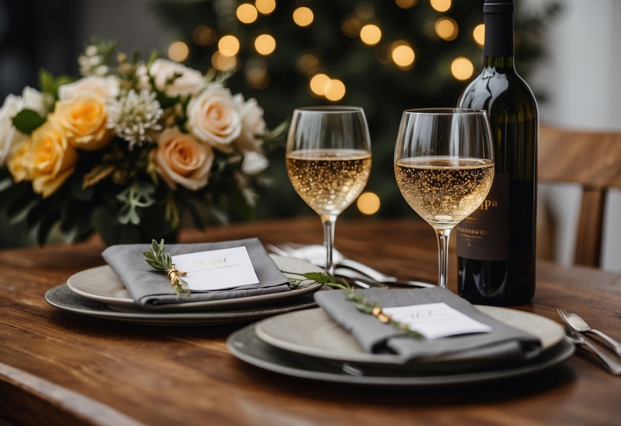 A table set with two wine glasses, a personalized wine bottle, and a subscription gift card, surrounded by wedding decor