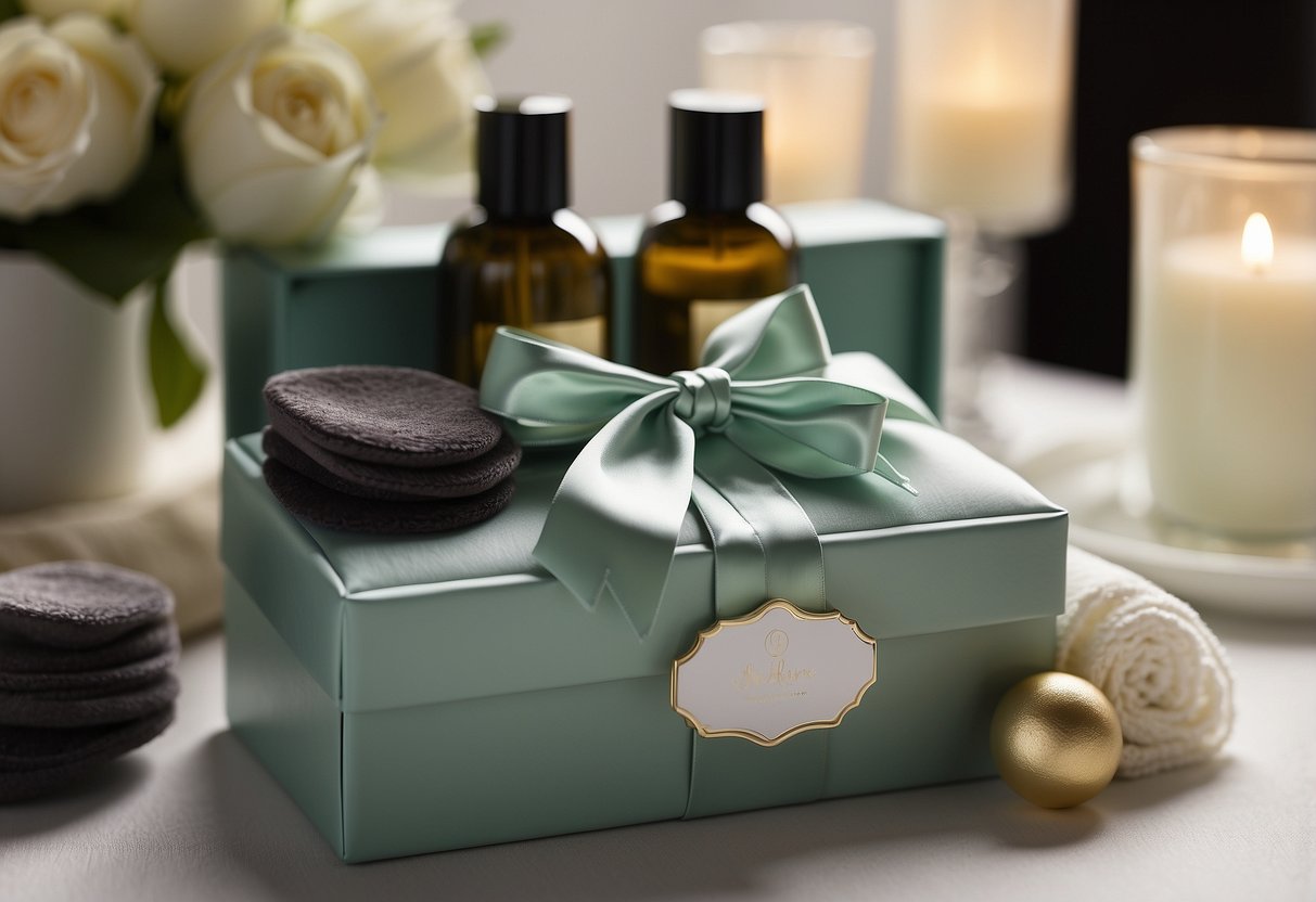 A luxurious spa set with "His" and "Hers" labels, including robes, slippers, and pampering products arranged in an elegant gift box