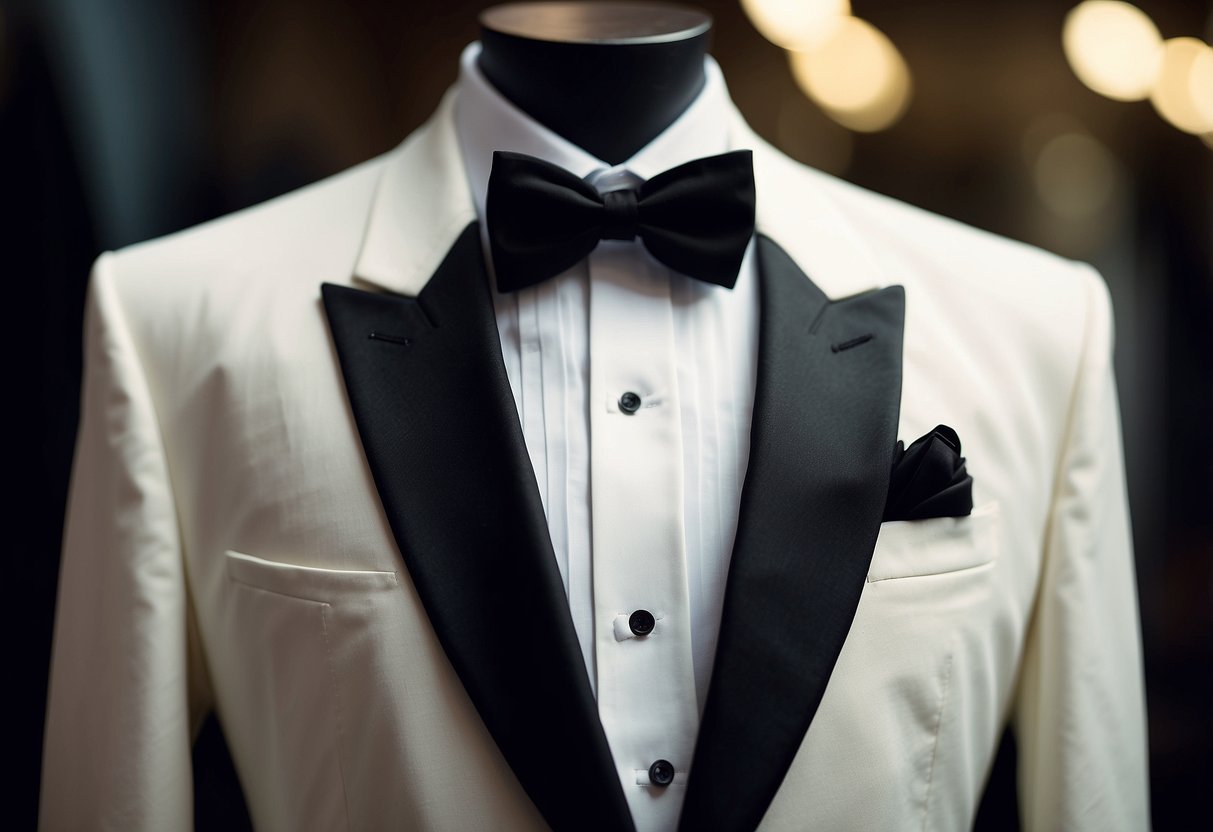 A classic white tuxedo suit displayed on a mannequin, with tailored jacket, crisp white shirt, and black bow tie