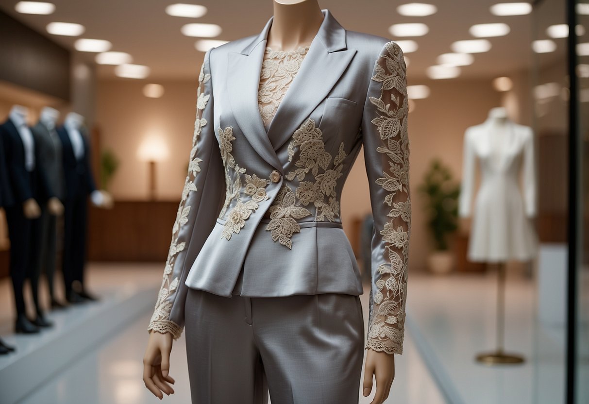 A luxurious silk trouser suit displayed on a mannequin, with delicate lace detailing and a tailored fit