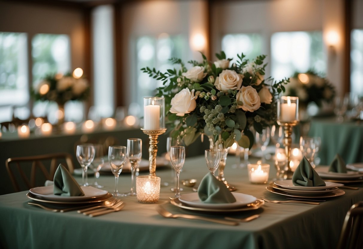 Sage green tablecloths, floral centerpieces, and candle holders create an elegant and serene atmosphere for a wedding reception