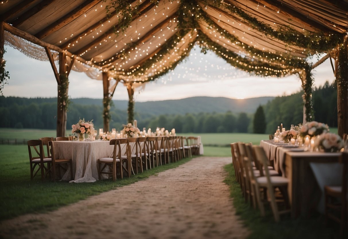 A rustic barn adorned with lace and burlap, vintage furniture, and delicate floral arrangements. A whimsical outdoor ceremony under a canopy of fairy lights