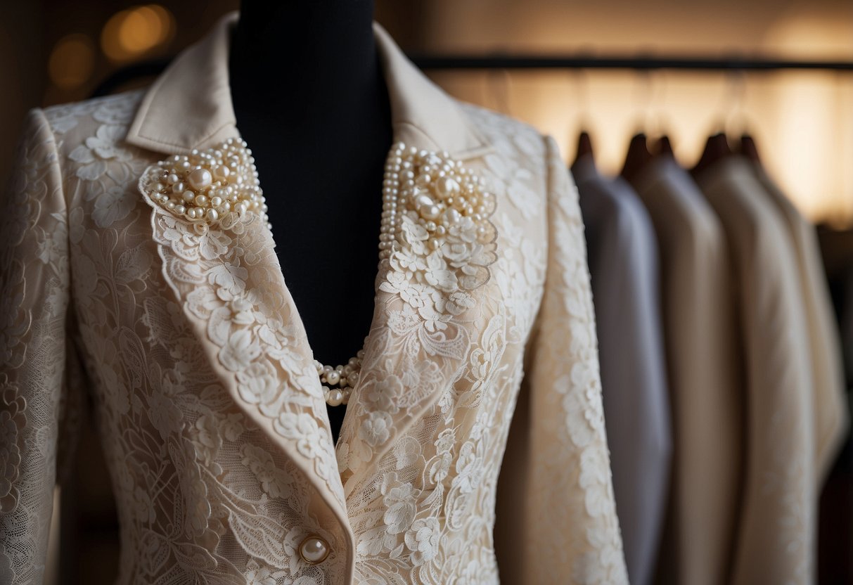 A lace-trimmed blazer hangs on a hanger, paired with matching trousers. Accessories like a pearl necklace and elegant heels are displayed nearby