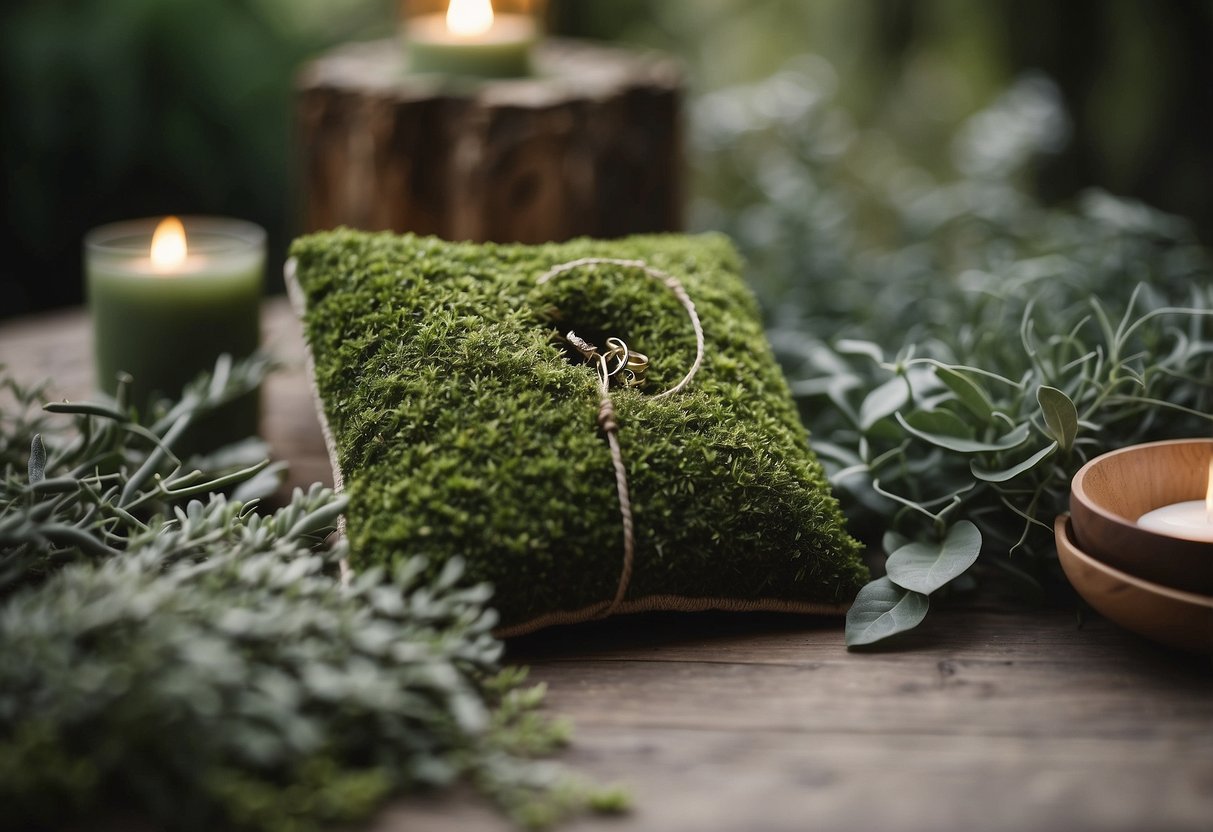 A moss-covered ring bearer pillow sits among sage green wedding decor, surrounded by natural elements and earthy tones