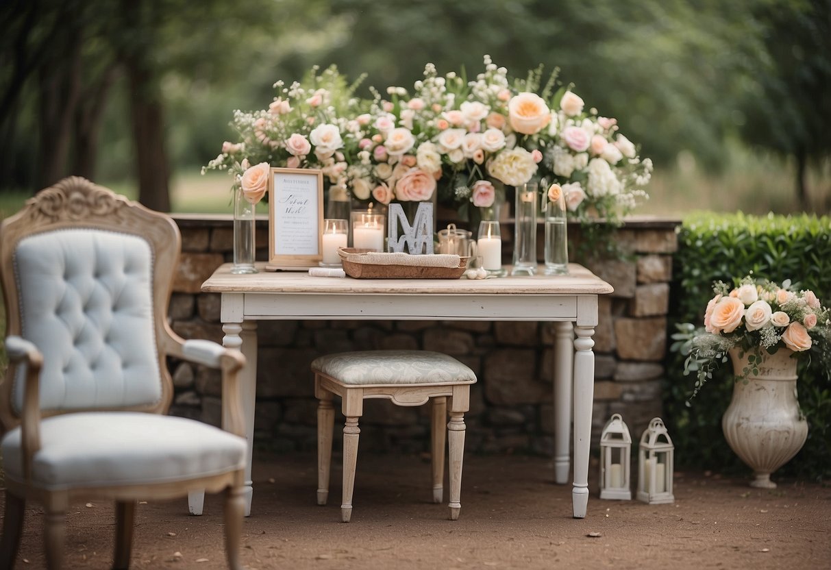 A rustic outdoor wedding with vintage furniture, lace decor, and pastel flowers. A sign with Audrey Hepburn's quote hangs above the sweetheart table