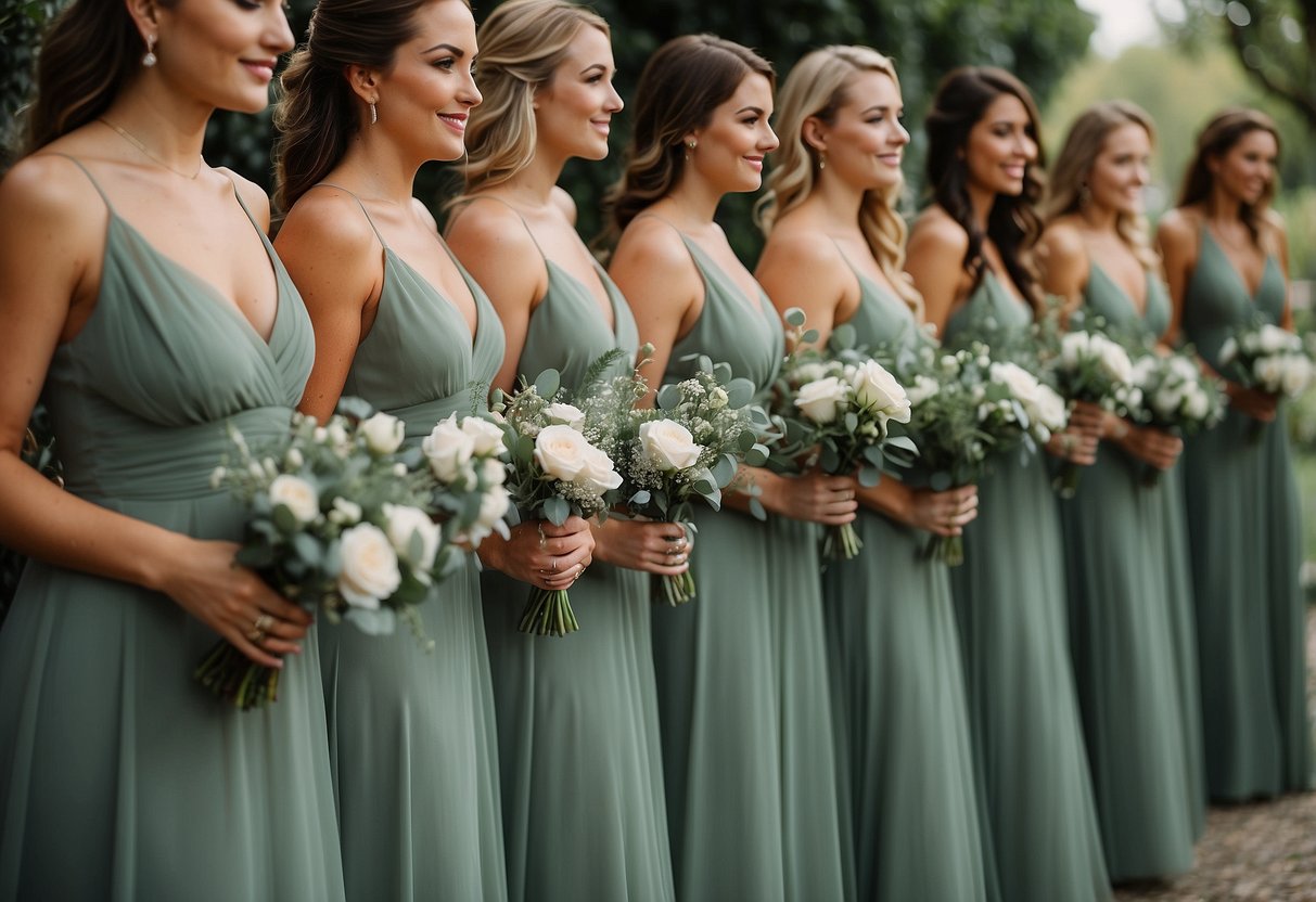 A garden filled with sage green florals and bridesmaid dresses, creating a serene and elegant atmosphere for a wedding celebration