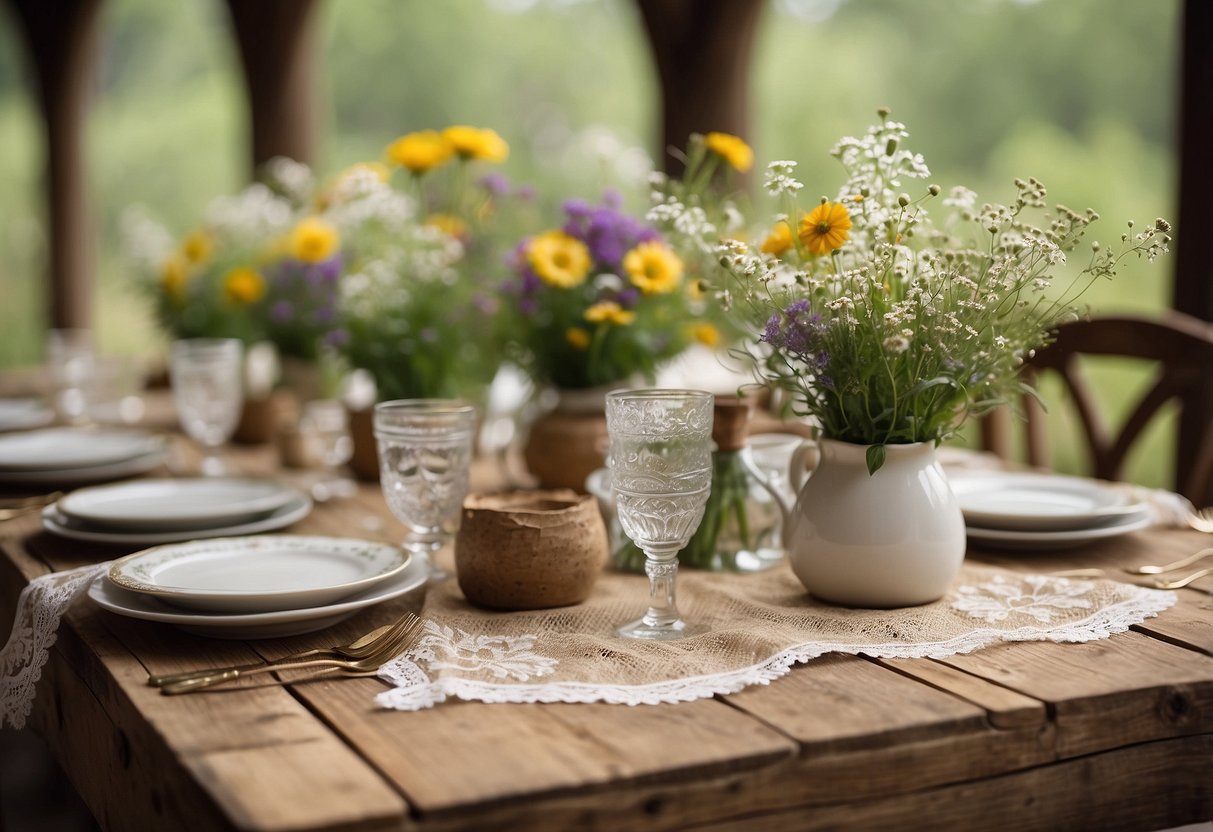 A rustic wooden table adorned with burlap and lace runners, set with vintage china and wildflowers for a shabby chic wedding