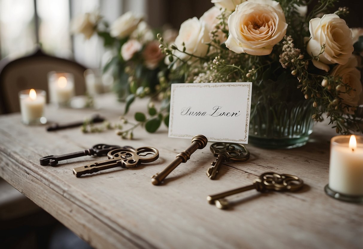 Antique key escort cards arranged on shabby chic table with vintage floral decor