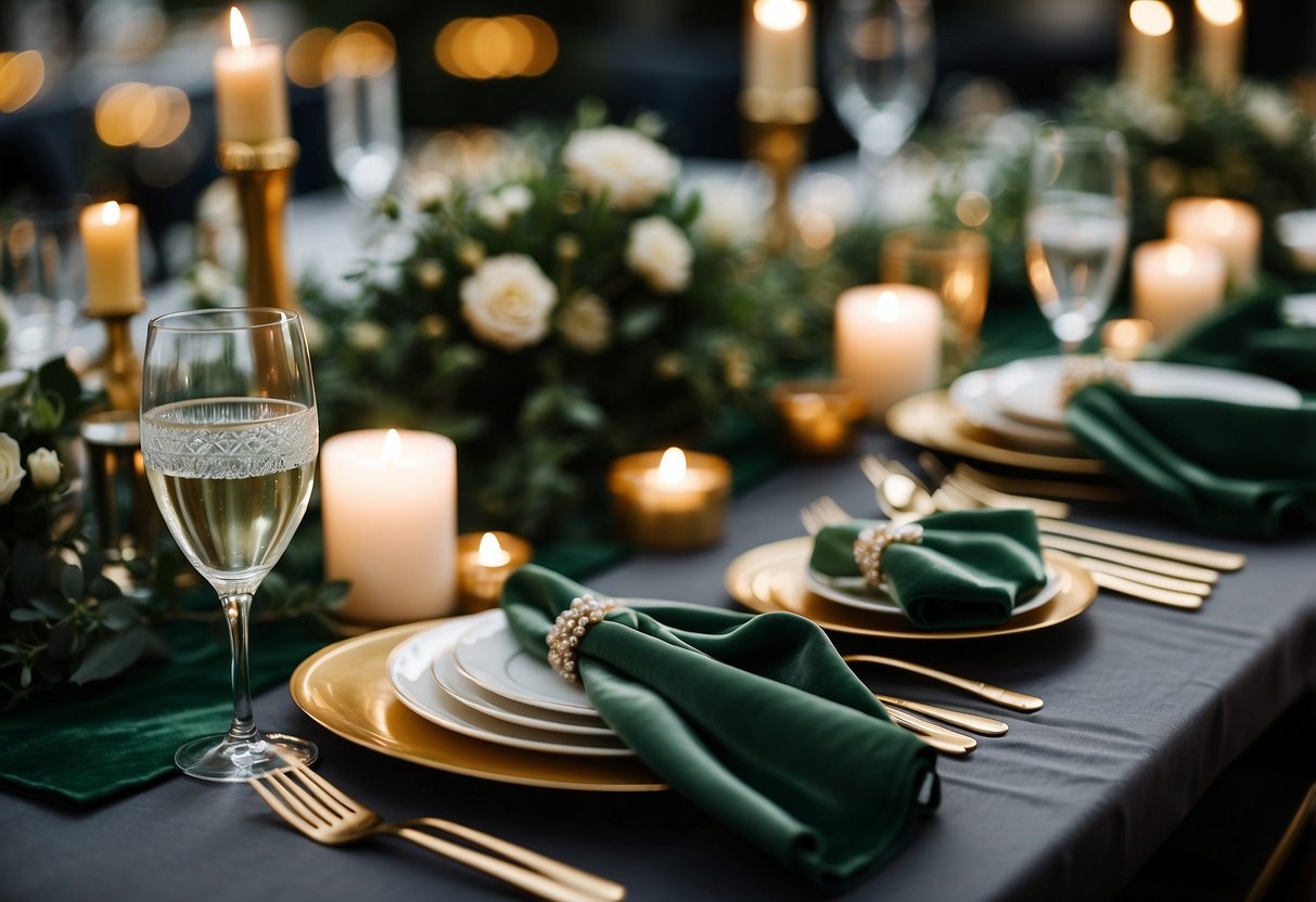 Sage green velvet napkins arranged on a table with elegant tableware and floral centerpieces for a sophisticated wedding decor