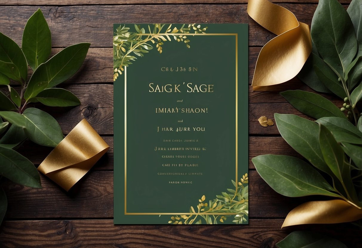 Sage green and gold invitations displayed on a rustic wooden table with delicate greenery and gold accents