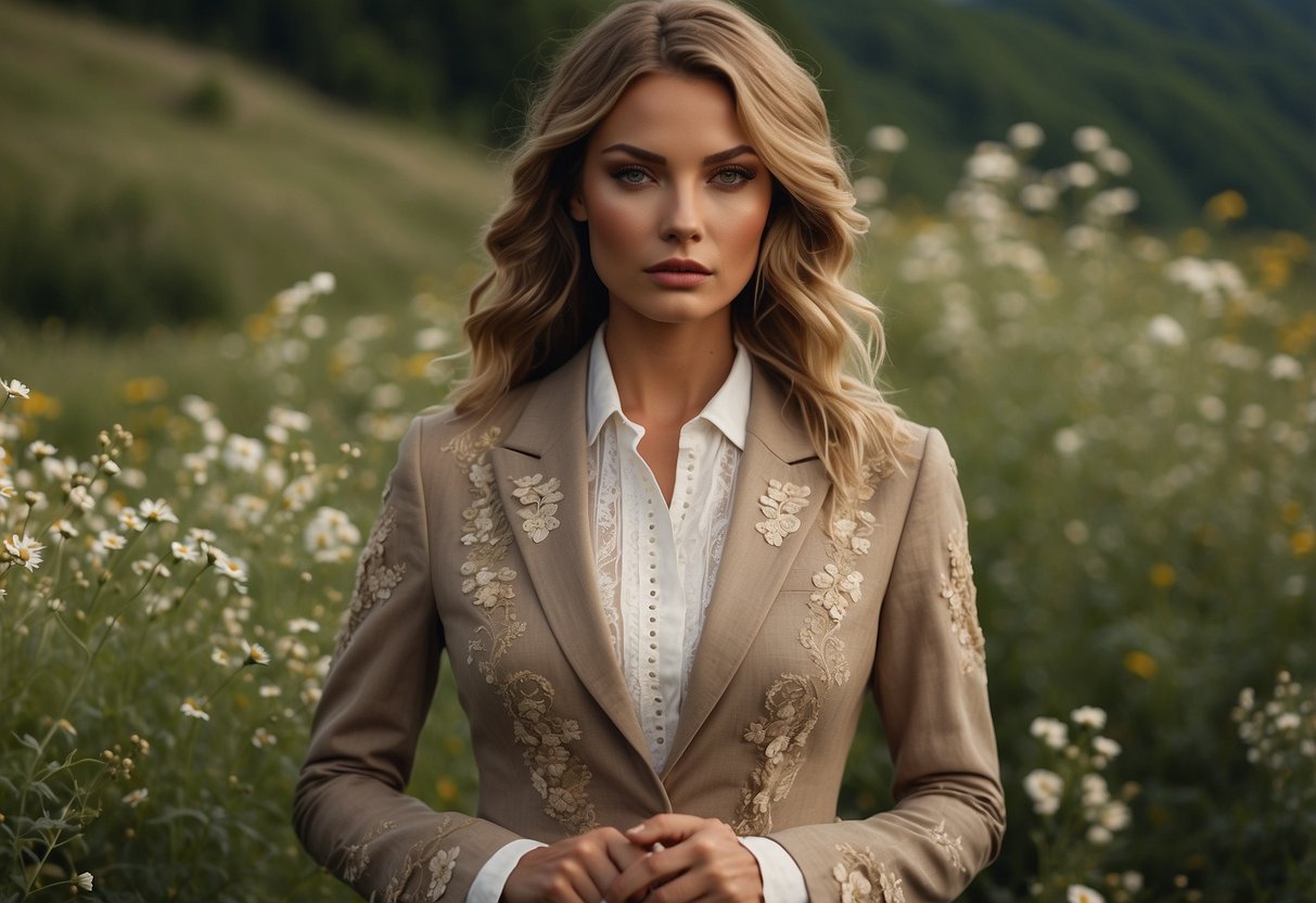 A flowing linen suit in earthy tones, adorned with delicate lace and intricate embroidery, set against a backdrop of lush, wildflowers and cascading greenery