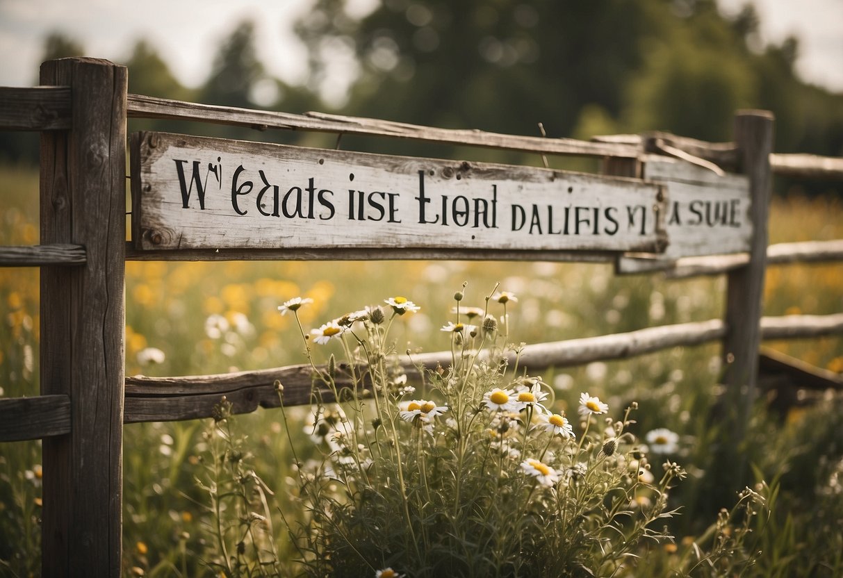 Distressed wooden signs hang from a rustic white fence, surrounded by wildflowers and vintage decor. A shabby chic wedding scene is set with charming, weathered elements