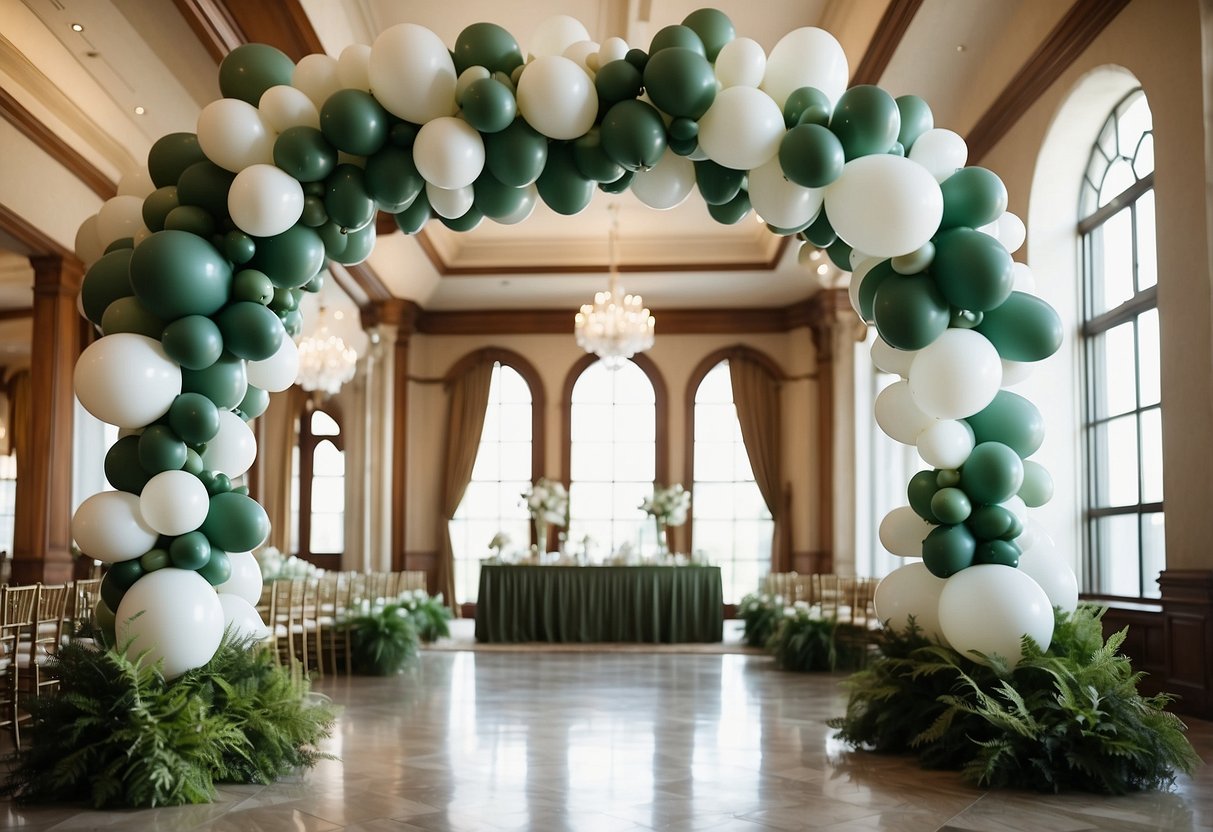 A white and sage balloon arch decorates a wedding venue, creating a soft and elegant atmosphere