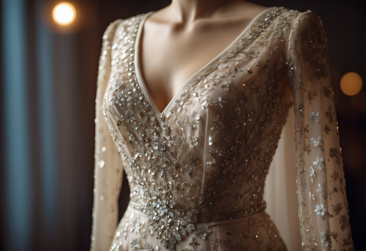 A sequined bridal suit hangs on a mannequin, shimmering under soft lighting, surrounded by delicate lace and elegant accessories