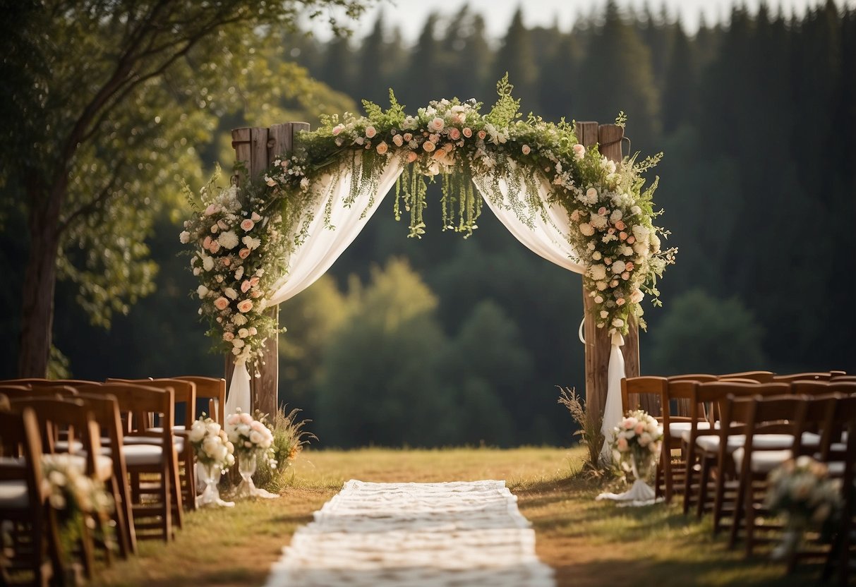 A wooden wedding arch adorned with wildflowers and draped with lace fabric in a rustic outdoor setting