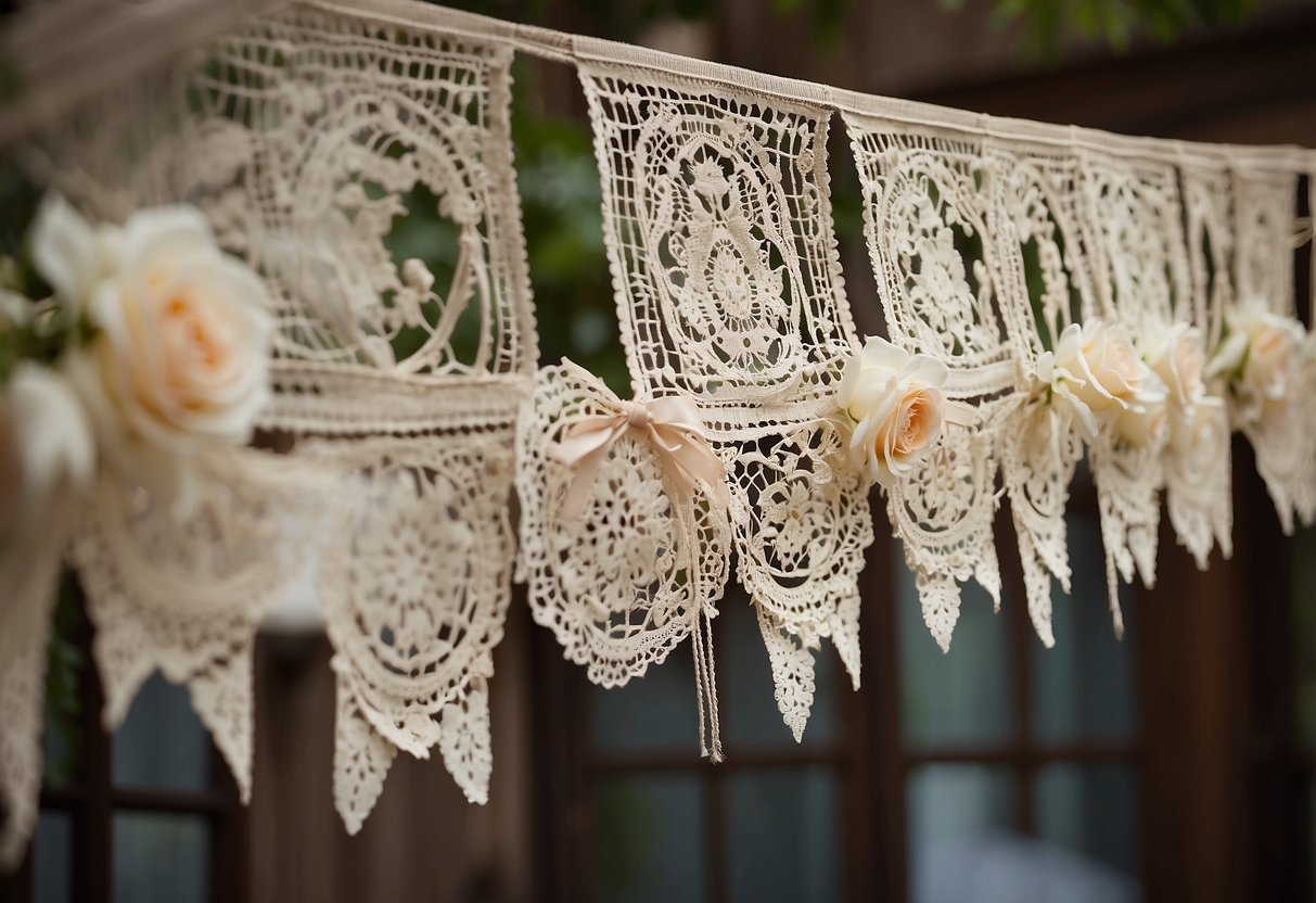 Handmade doily banners hang above a shabby chic wedding, adding a touch of vintage charm to the rustic decor