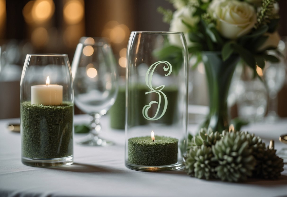 A set of sage green acrylic table numbers arranged on a decorated wedding table, surrounded by matching sage green decor