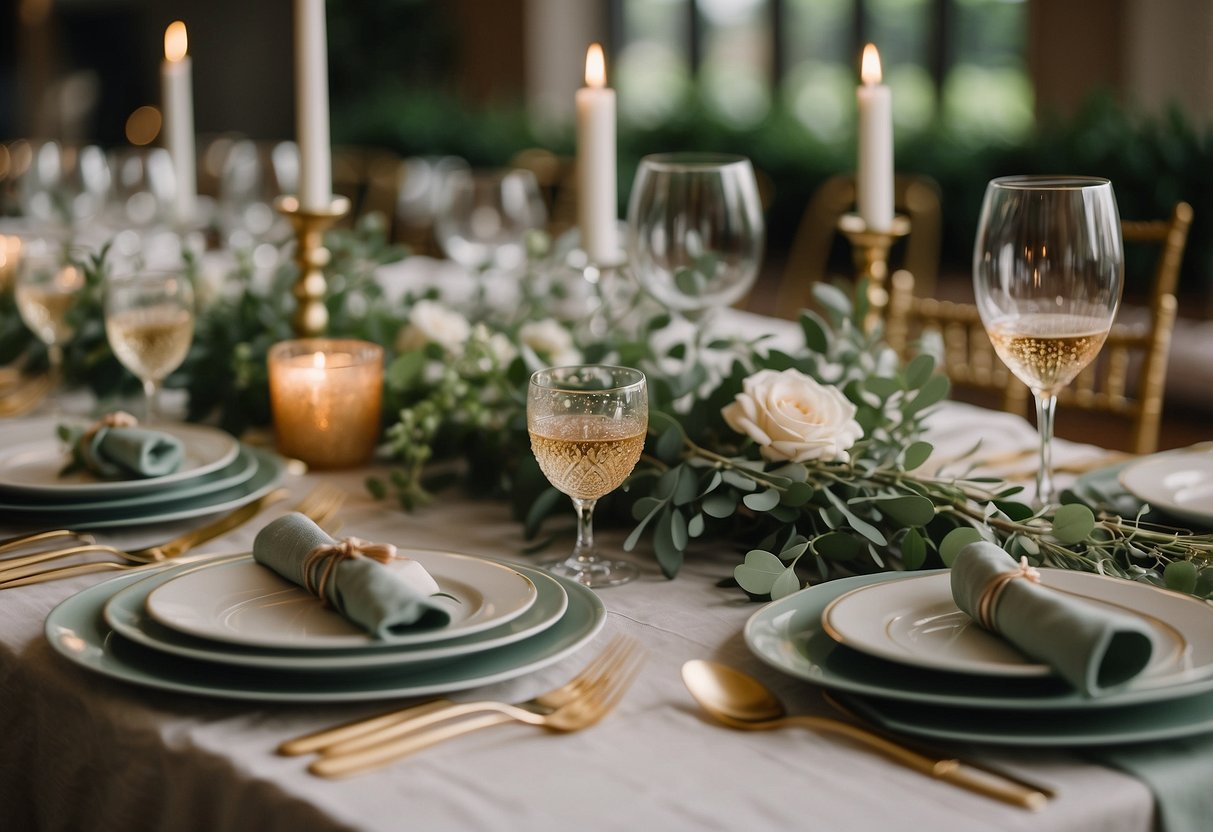 A serene wedding table set with sage green linens, floral centerpieces, and delicate place settings. Subtle hints of gold accents add a touch of elegance to the overall decor