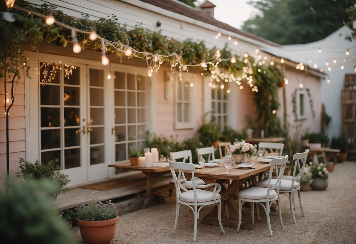 A quaint outdoor garden with vintage furniture, pastel-colored decor, and delicate string lights creating a romantic shabby chic wedding venue