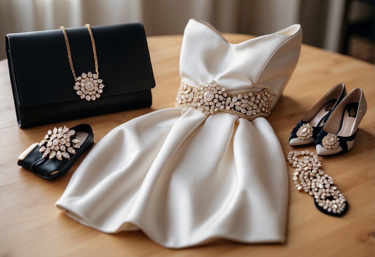 A woman's wedding suit laid out on a table, with a selection of accessories such as a statement necklace, elegant clutch, and stylish heels