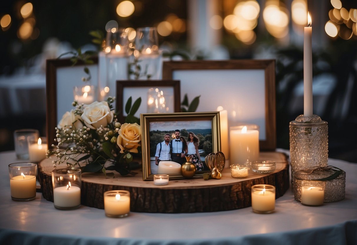 A table with a variety of affordable wedding gift ideas, such as personalized photo frames, handmade candles, and decorative kitchenware