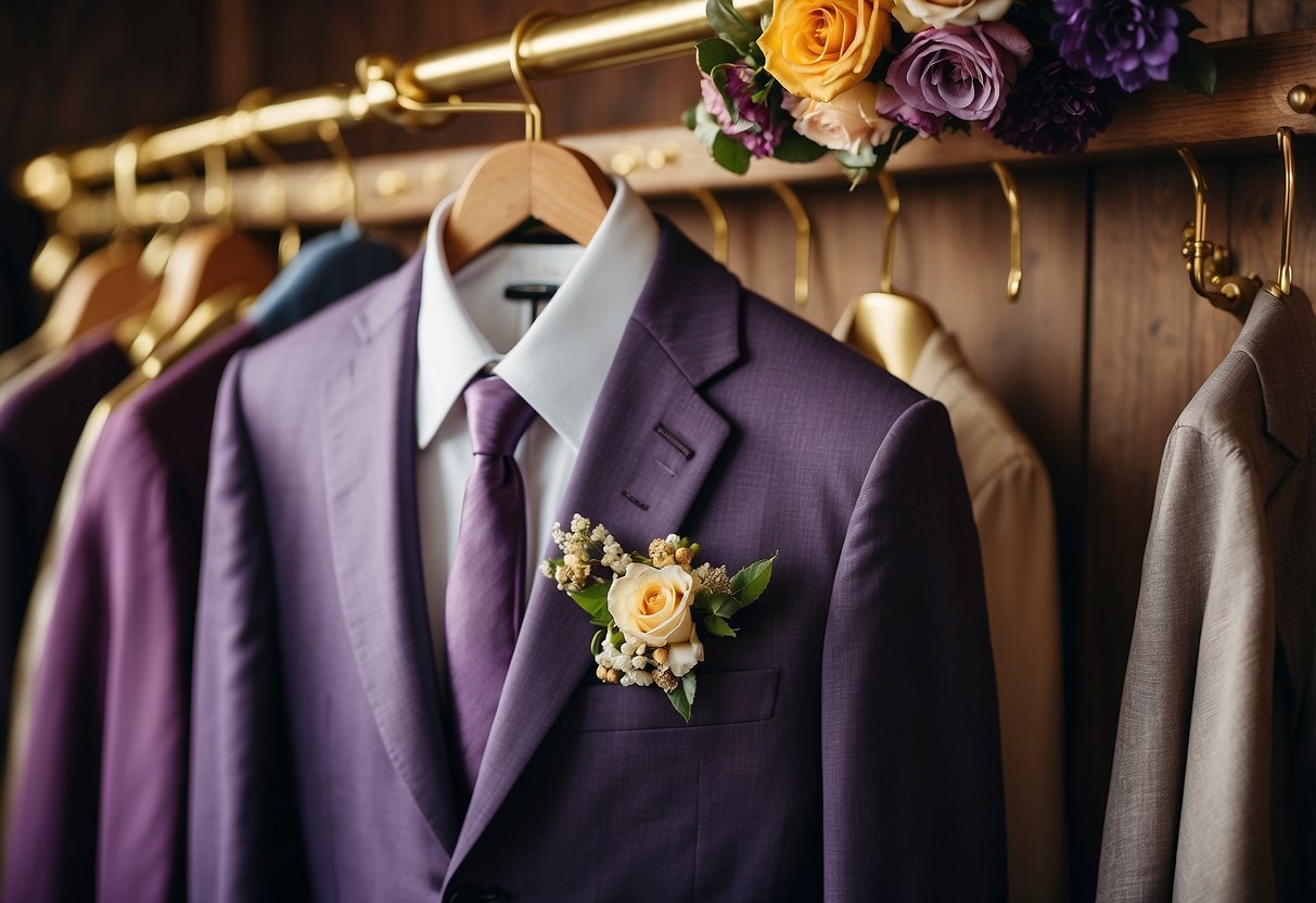 A groom's purple suit hanging on a vintage wooden coat rack, surrounded by colorful floral arrangements and elegant gold accessories