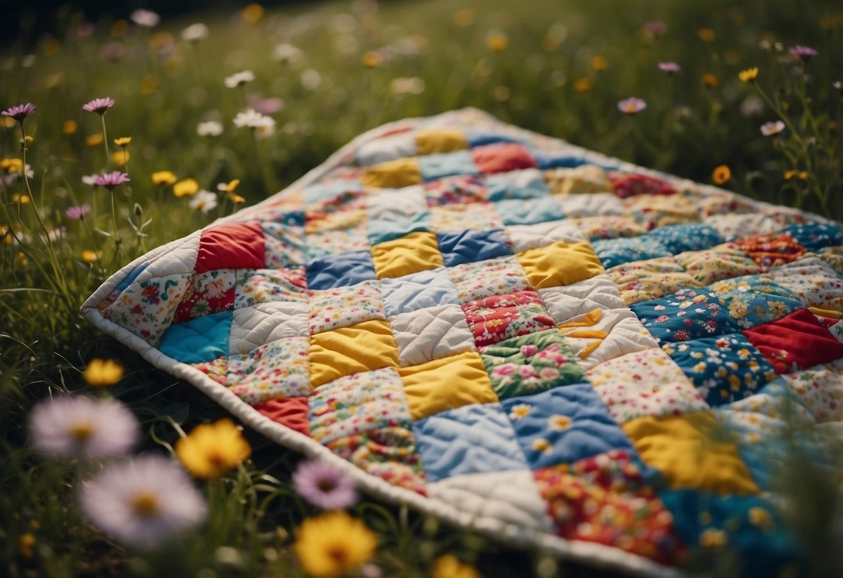 A colorful patchwork quilt lies spread out on a grassy meadow, with delicate floral patterns and intricate stitching, surrounded by blooming wildflowers